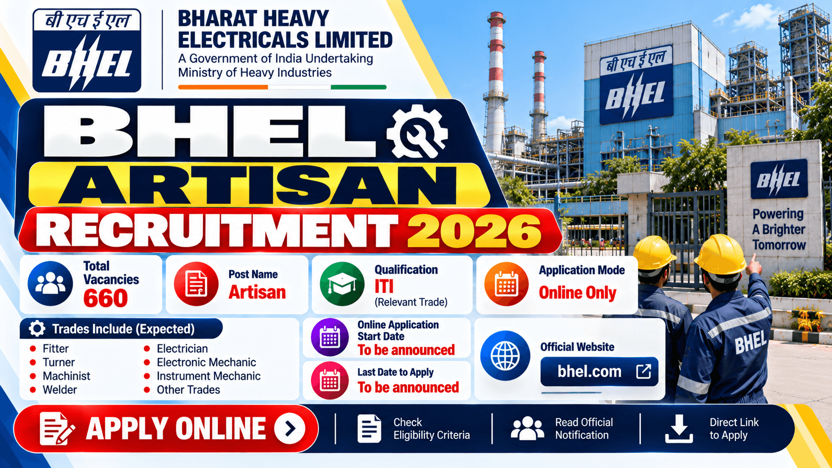 BHEL Artisan Recruitment 2026: 660 Vacancies, Apply Online