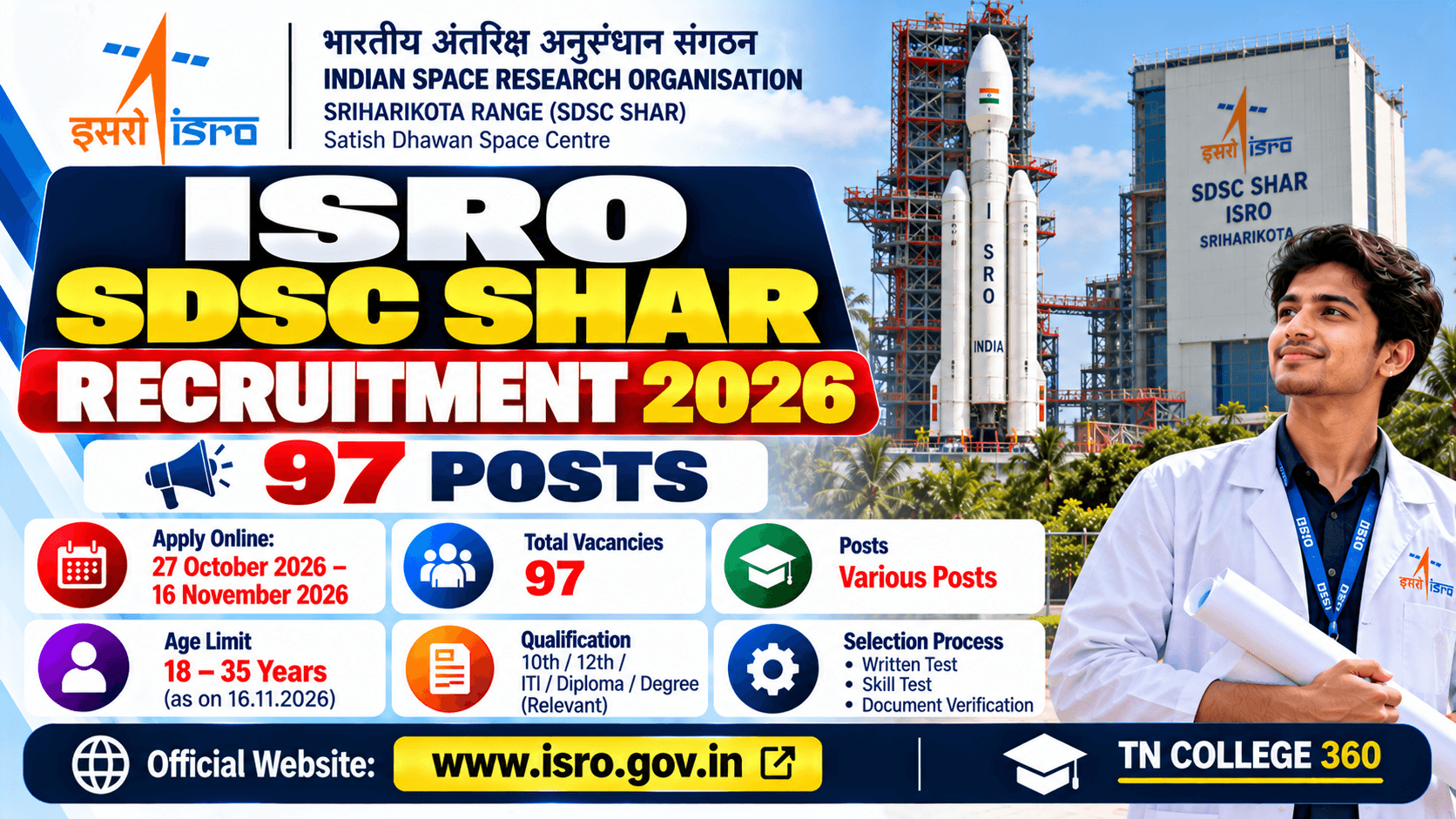 ISRO SDSC SHAR Recruitment 2026: Apply for 97 Posts